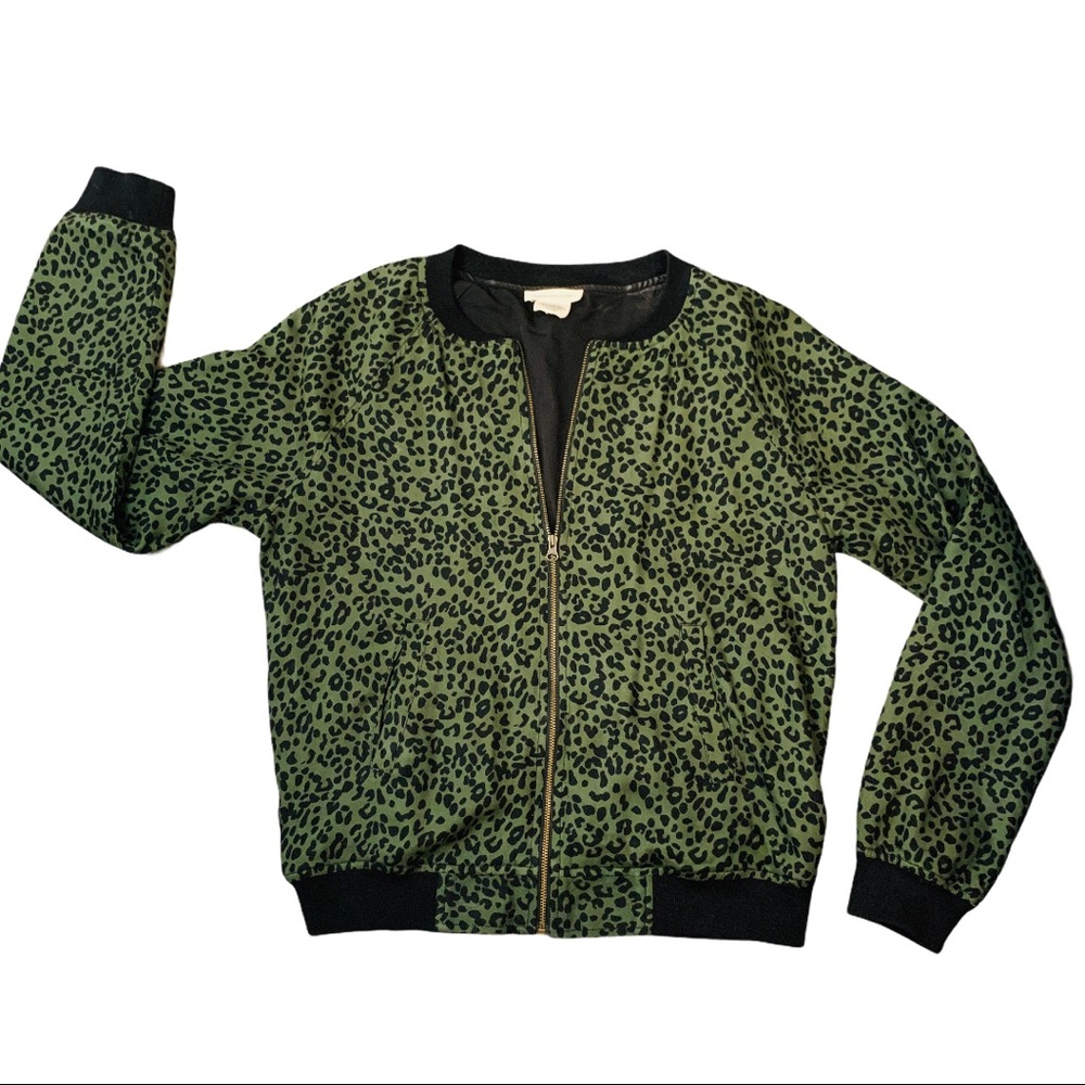 Green and black leopard print bomber jacket zipup